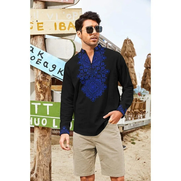 ❤️Men's Black Shirt Long Sleeve Floral Print Casual Cotton Beach Hippie T Shirt - Picture 2 of 9